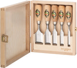 Wooden Handle Butt Chisel Set in wooden case 5pcs (Two Cherries)