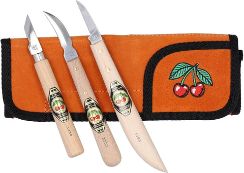 Set of 3 x carving knives in Verlours leather wallet (Two Cherries)